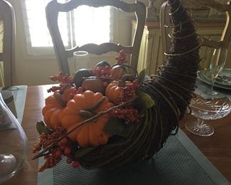 Large Fall Harvest Cornucopia Decorated Beautifully with Pumpkins, Squash & Berries
