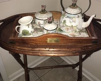 Retired MacKenzie-Child’s Tea Set 
“Aurora”
From Neiman-Marcus
    Set includes Large Serving Tray, Teapot, Creamer, Covered Sugar Bowl and Covered Tea Canister 