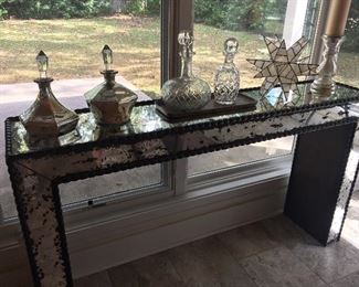 Beautiful Faux Finished Mirror Console Table/Bar from Le Mache’
Height  33”
Width  5’
Depth  13”