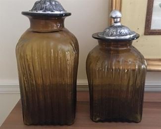 Beautiful Pair of Large Vintage Artland  Amber Glass Canisters with Heavy Pewter Tops from Le Mache’
