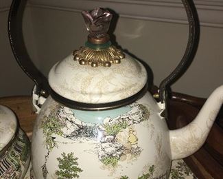 Close Up of Retired Aurora MacKenzie-Child’s Teapot
    Very Heavy with Wooden Handle and Pretty Pink Knob