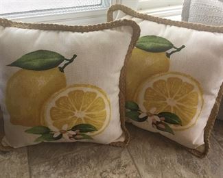 Pair (2) Sweet Lemon Feather Stuffed Pillows with Gold Braided Trim