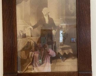 Wooden oak frame with print of George Washington. The top of frame is missing the eagle emblem. The corner emblems are partially missing. Very old picture. Measures 23" x 27". $60
