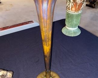 Tiffany trumpet vase and Roseville Donatello vase