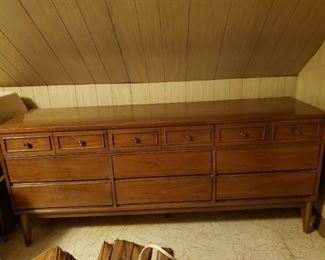 Antique - 1964 Dixie Mid-Century Modern 5 pc Bedroom Set - Lowboy 9 Drawer Dresser with Mirror, Highboy Dresser, Nightstand, 2 -Twin headboards and frames (mirror in original packaging) - $1100