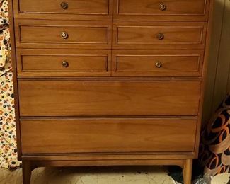 Antique - 1964 Dixie Mid-Century Modern 5 pc Bedroom Set - Lowboy 9 Drawer Dresser with Mirror, Highboy Dresser, Nightstand, 2 -Twin headboards and frames (mirror in original packaging) - $1100