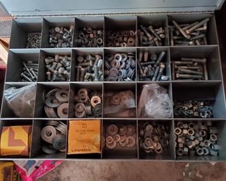 Metal Storage Cabinets - Multiple Available. 2 cabinets with Removable compartmentalized drawers and doors. 2 open Cabinets with a combinations of drawers and shelves