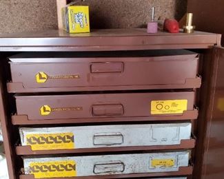 Metal Storage Cabinets - Multiple Available. 2 cabinets with Removable compartmentalized drawers and doors. 2 open Cabinets with a combinations of drawers and shelves