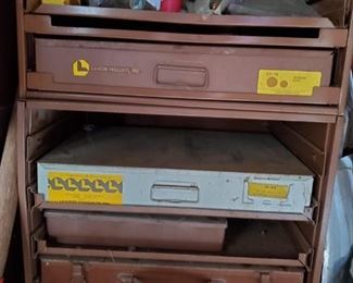 Metal Storage Cabinets - Multiple Available. 2 cabinets with Removable compartmentalized drawers and doors. 2 open Cabinets with a combinations of drawers and shelves