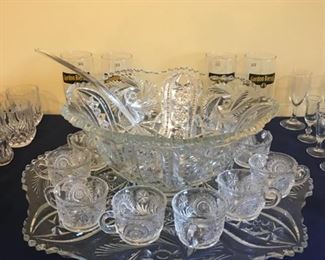 Punch Bowl With Tray and 12 Glasses