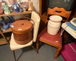 Chairs, sewing basket, Crock
