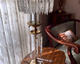 #15- $195  American brass lamp and long prisms 32”Hx10.5W			
