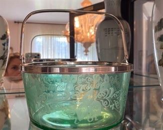 #43 Early Small ice bucket  green etched glass	$  80

