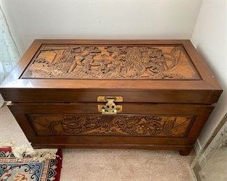 #97 carved oriental chest $350