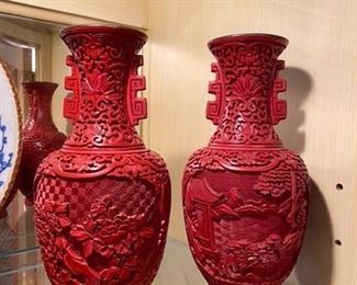 #106 Pair of Cinnabar Vases  9” x 5”      	$ 180
