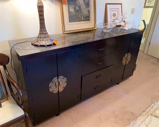 #165 - Black Dresser with marble top  78”L x 20”D x 39”H			$399