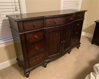 American Signature Dresser, dovetailed drawers, matching round mirror. 