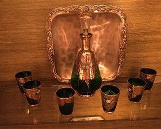 Gold and Handprinted green glass decanter and glasses and lots of other accessories