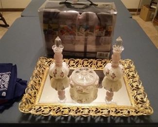 Vintage hand painted 3-pc dresser set (pair perfumes & bobby pin holder)