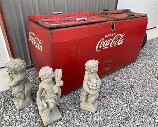 Vintage 1950’s era double lid General Store Coca Cola Soda Cooler, vintage Concrete Cherubs from Frisco NC near the southern tip of the OBX
