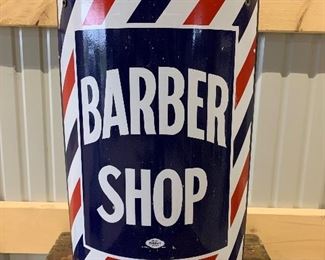 Vintage curved striped red, white and blue Porcelain Northern Virginia Barber Shop Advertising sign, 24” x 18”, William Marvy Co.