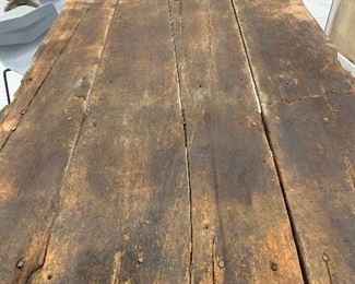 Antique c1850’s farmhouse 3 plank harvest table, square nail construction