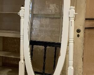 Vintage white washed oak wood oval full length dressing mirror, beveled glass