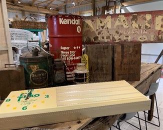 Vintage Gargoyle Mobiloil wood crates, Filko advertising sign clock, old lanterns, vintage thermometers