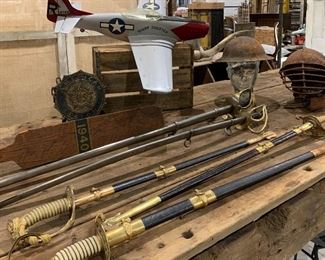 Antique Civil War Sword, one dated 1837, 3 Vintage Naval Military Dress Swords with engravings and monograms, Doughboy helmet, 1940 Navy hundreds of signatures “Join the Club” hazing paddle - Business End