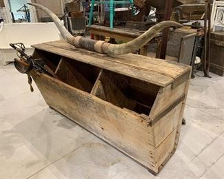 Primitive antique three cubby grain bin storage cabinet