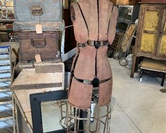 Antique c1909 Iron Cage Dressmaker Mannequin, Antique wood trunks, Antique mirrors,