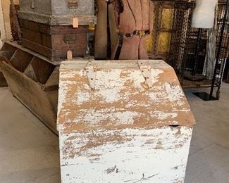 Antique primitive single Wood board front old white paint grain bin, storage cabinet