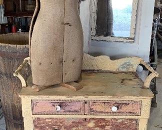 Antique hand dovetailed double arm Victorian washstand with many layers of old paint, Vintage dress form mannequin, antique mirror