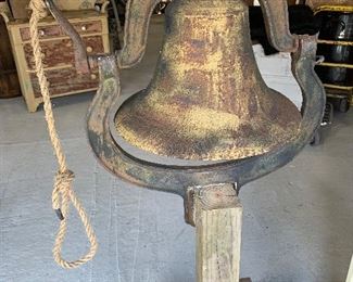 Old cast iron School Bell on wood base, rings clear with no breaks