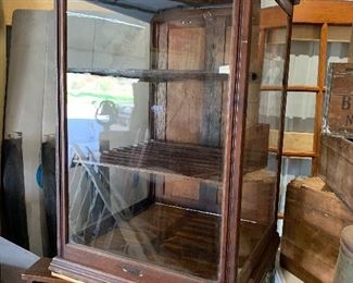 Antique Northern Virginia General store 3 tier bakery cabinet, old glass, Openwork wood plank shelving, rear doors for entry