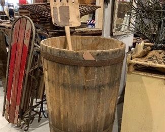 Fab antique primitive wine making farmstead wood plank and iron ring tapered barrel, 28” width across the top x 38” tall