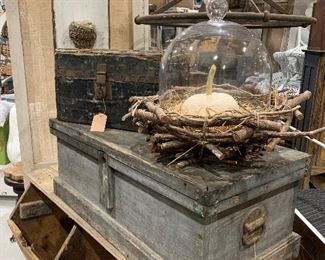 Original gray wash stagecoach traveling trunk, storage box, carpenter or tool box with interior compartments, antique child size traveling or storage trunk, hand crafted wood branch bird nest with blown glass cloche