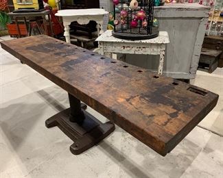 Sweet vintage industrial 74” x 17 1/2” x 24” tall butcher block cocktail, sofa, entry, gaming, entertaining table