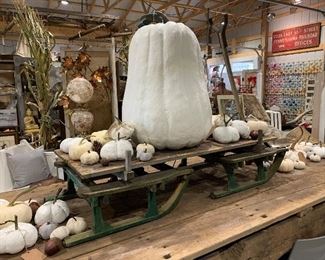 Cool Vintage green painted wood folk art separate runner sled, assorted pottery, fabric, straw and hypertufa pumpkins