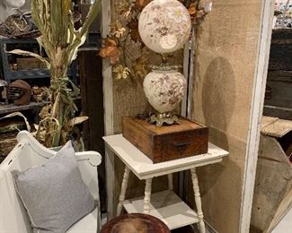 Vintage working Electric hand painted double Light up globe hurricane parlor lamp, antique table lamps, old drawers, antique glass ball and claw piano stool, mixed metal copper and brass mid century dimensional leaf sculpture