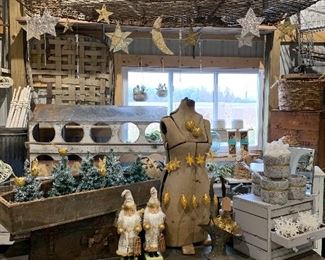 Old wood porch swing, vintage dress form mannequin, vintage multi drawer cabinet, Large primitive Tote, holiday nutcrackers, wood trencher bowls, vintage ornaments