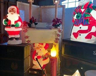 Vintage Christmas blow mold, velvet poinsettia lanterns and Light up star decorations, all illuminate properly, 2 layer lawyers bookcase, vintage wagon, antique luggage