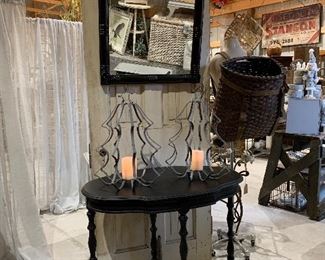 Vintage wood side table and mirror in Raven Black, vintage bird cages, antique frames, old hunting pack basket, metal Christmas tree luminaries