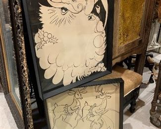 Vintage large black and white c1974 Christmas lithos