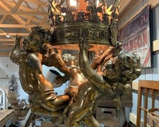 Antique c1900 Gothic Italian solid brass Cherub Cathedral, Chapel, Church pendant light - Opere it Veritat - In Action and Truth embossed cross detailing