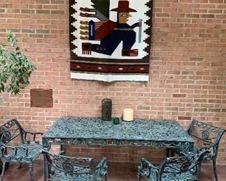 Tapestry not for sale, cast aluminum table and 4 chairs
