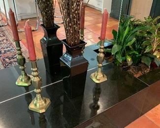 Large brass candlesticks, Haeger pottery