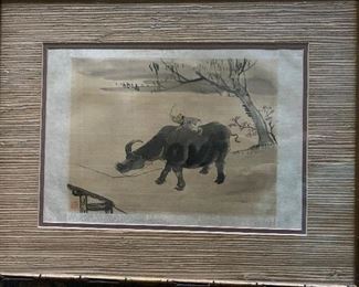 Asian signed prints, pair, water buffalo