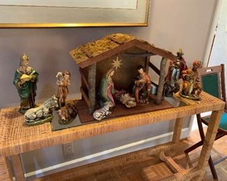 Large vintage plaster nativity and wooden manger