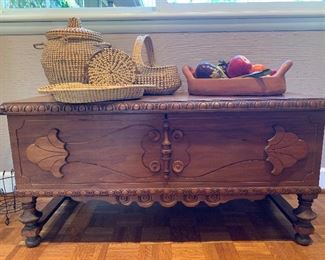 Cedar chest, handmade woven baskets